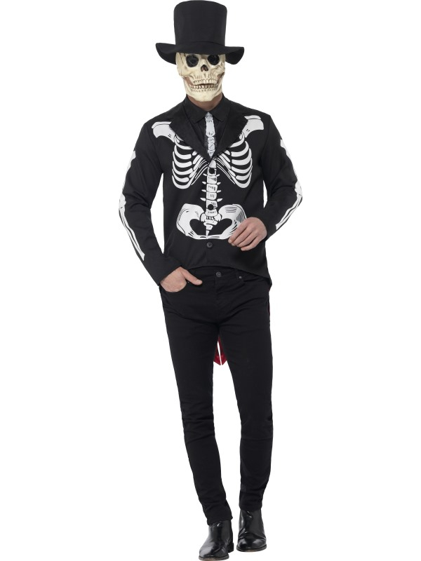 Met dit verkleedkostuum ben je in 1 keer klaar voor halloween ;Day of the Dead Senor Skeleton Kostuum. Geweldig kostuum met Jasje met skeletten print, (mock)shirt met daaraan een stropdas, de hoge hoed en het latex skeletten masker (foam). Draag het op een zwarte broek en je bent helemaal klaar voor Halloween of Carnaval. 