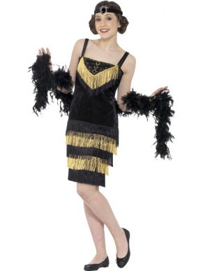 Leuke Zwart Gouden Flapper jurk met franjes en haarband met steentje. Tiener jurk voor schoolfeesten themafeesten of Carnaval. Combineer met onze leuke accessoires zoals een boa en parelketting en maak de charlston twenties look helemaal af. 