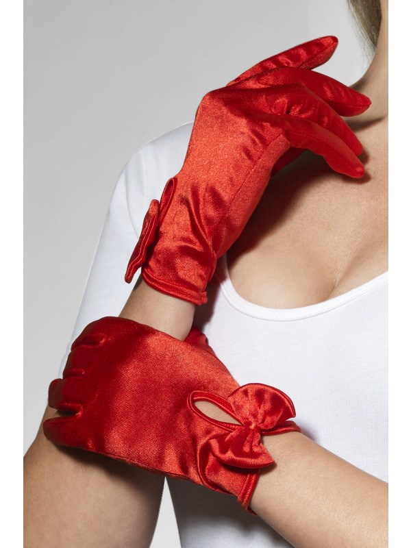 Mooie rode glimmende (satijn ook) korte handschoenen met strik. Leuke finisching touch voor bij je kostuum. 