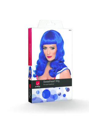 Geweldige pruik geinspireerd door Katy Perry mooie blauwe halflange pruik met pony en golvend haar. Leuke finishing touch voor je outfit. 