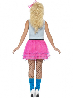 Leuk Eighties 80's Wild Girl Madonna Look Kostuum voor Carnaval of Themafeesten. Inbegrepen is de jurk met roze rok, spijkerlook vestje en haarstrik. De 80's accessoires verkopen we los. 