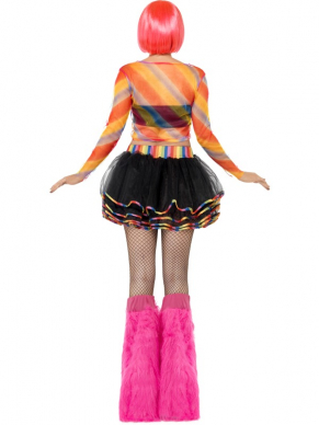 Regenboog Raver Disco Verkleedsetje met leuke zwarte tutu rok met regenboog randen en regenboog kleuren top. Leuk setje voor een disco feest, carnval, gay pride en combineer met onze geweldige regenboog pruiken, neon accessoires en beenwarmers. Je wordt er al vrolijk van als je het ziet. 