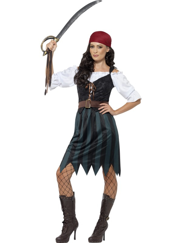 Scherp geprijsd dit leuke piraten kostuum: Pirate Deckhand Piraten Dames Verkleedkleding. Inbegrepen is het shirt met waistcoat (zit eraan vast), de leuke rok, de riem en de  bandana. Niet gek voor die prijs. Met onze te gekke accessoires is je piraten outfit helemaal compleet. Klaar voor Carnaval of een ander themafeest. 