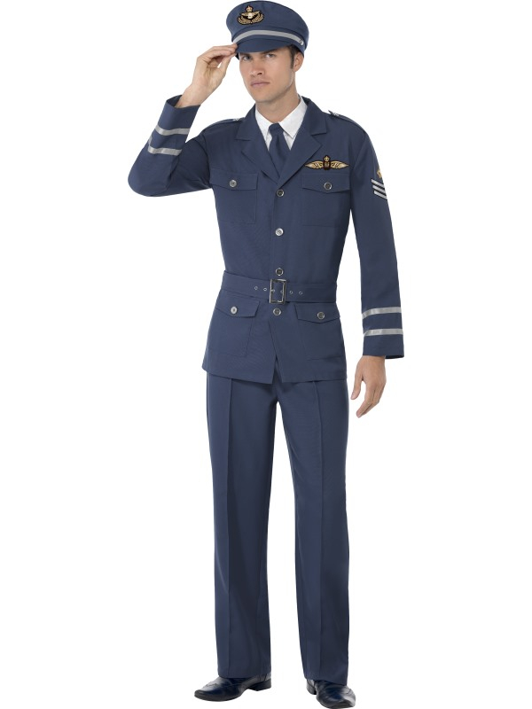 WW2 Air Force Captain Kostuum, bestaande uit de blauwe broek met jasje, stropdas en pet.