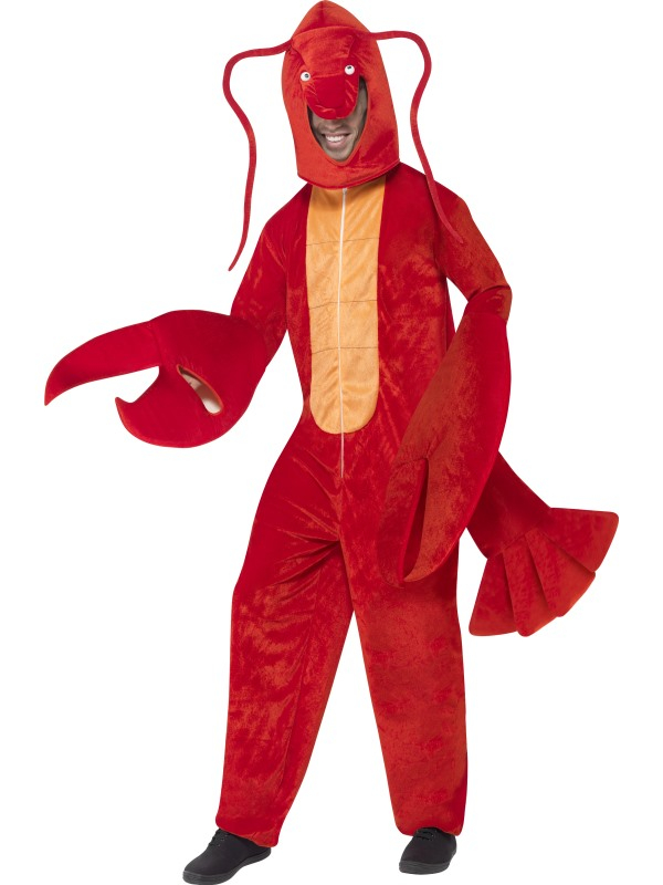 Volledig in cognito met Carnaval of een ander gek themafeest: Lobster Kreeft All in One Kostuum. Groot Rood Pak met rits van voren, scharen bij je handen en losse kreeft kop. We verkopen nog veel meer All in One dieren kostuums verkleedkleding.