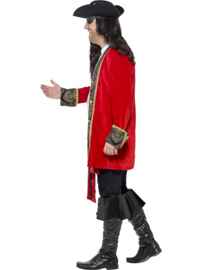 Ai Ai Captain! Voel jij je een ware leider van alle piraten dan is dit kostuum echt iets voor jou. Mooi Rood jasje met mooie details, wit piraten shirt en de brede riem. De hoed en andere accessoires verkopen we los. 