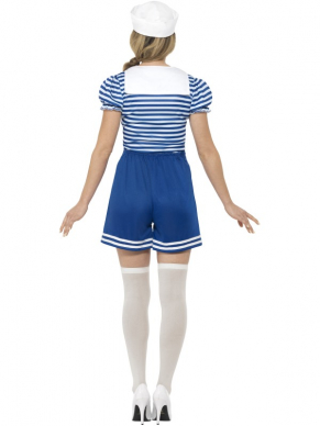 Leuk kostuum voor Carnaval of een ander themafeest: Sailor Girl Zeevrouw Matroos Kostuum. Ingrepren is het shirt, de shorts, de hold up kousen en de pet. Compleet kostuum dus en scherp geprijsd. 