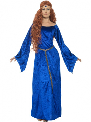 Mooie Medieval Maid Blauwe Lange Jurk Verkleedkleding. Prachtige lange blauwe jurk met lange uitlopende mouwen, riem en haarband met steen. De Pruik van het plaatje verkopen we los. U bent in 1 keer klaar.  Leuk voor Carnaval of Old English Tales Themafeest Terug naar Toen. 