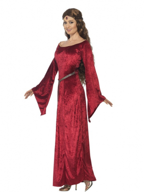 Mooie Medieval Maid Rode Lange Jurk Verkleedkleding. Prachtige lange blauwe jurk met lange uitlopende mouwen, riem en haarband met steen. De Pruik van het plaatje verkopen we los. U bent in 1 keer klaar. Leuk voor Carnaval of Old English Tales Themafeest Terug naar Toen.