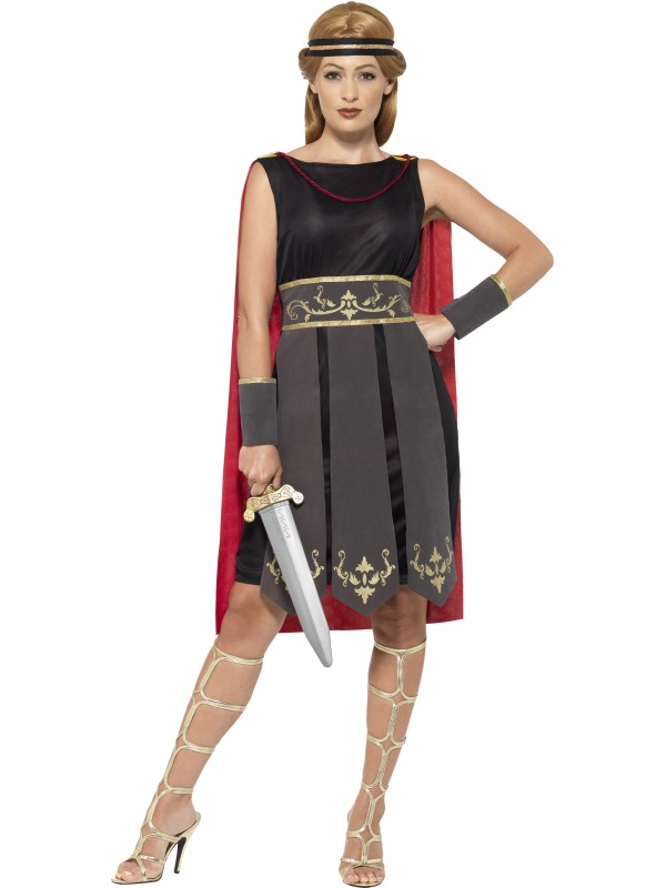 Roman Warrior Gladiator Verkleedkostuum voor de wariors onder ons. Leuk gladiator kostuum met: jurk met daaraan vast de rode cape, armbanden en de haarband. Combineer met onze Romeinse wapens en je bent helemaal klaar voor Carnaval of een ander verkleedfeest. 
