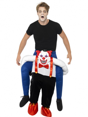 Grappig kostuum voor Carnaval of Halloween: Sinister Clown Piggy Back Verkleedkostuum. Lift lekker mee op de rug van deze enge clown. Als je durft natuurlijk!! Combineer met onze grappige of enge (horror) clown schmink setjes of accessoires. 
One size fits most. 