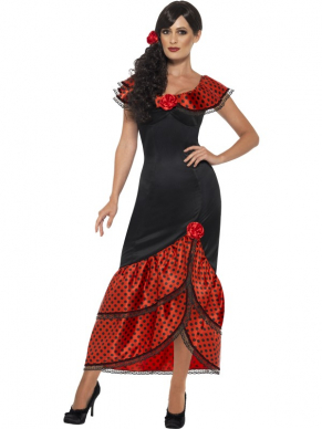 Flamenco Senorita Spaanse Jurk Verkleedkleding met sexy spaanse jurk met split en haarstuk (bloem). Leuk voor een Spaans themafeest of Carnaval. 