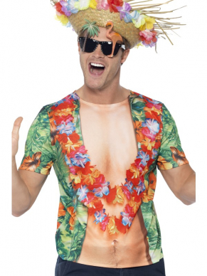 Leuk geprint Hawaii Aloha Heren T-Shirt met geprinte bloemenkrans. Draag met een gekke strohoed en je bent klaar voor een zomer strandfeest of Carnaval. 