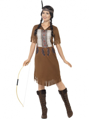 Leuke Native American Inspired Warrior Indiaan Dames Verkleedkleding voor Carnaval of een ander themafeest. Inbegrepen is de indianen jurk met print en de haarband met veer. We verkopen mooie accessoires zoals de pruiken en pijl en boog los. 