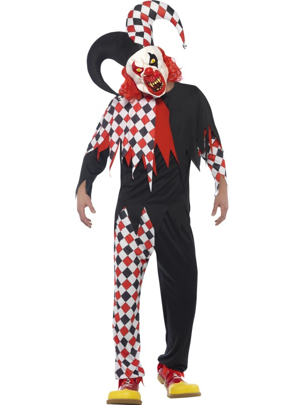 Creepy verkleedkostuum voor Halloween of Carnaval: Gekke Crazed Jester Clown Horror Kostuum met shirt, broek, latex masker met hoed (zit aan het masker vast). U kunt nog wat extra nepbloed gebruiken of horror wonden en dan bent u klaar. 