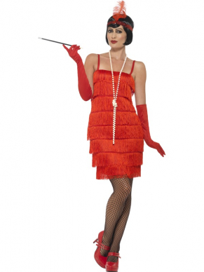Rood 1920's Flapper Kostuum, bestaande uit het rode jurkje met franjes, rode handschoenen en een leuke hoofdband. Bekijk hier onze gehele Twenties Collectie.