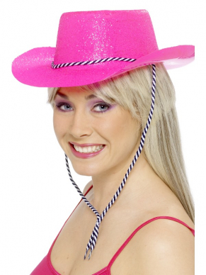 Neon Roze Glitter plastic cowboy cowgirl hoed met koord. One size fits most. Leuk voor een cowboy thema of dit jaar voor de Toppers 2017. We verkopen nog veel meer hoeden in diverse kleuren. Heeft u meerdere hoeden nodig, email ons dan voor een scherpe prijs. Ook leuk voor vrijgezellenfeesten. 