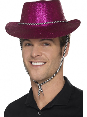 Fuchsia Roze Glitter plastic cowboy cowgirl hoed met koord. One size fits most. Leuk voor een feestje met cowboy thema. We verkopen nog veel meer hoeden in diverse kleuren. 