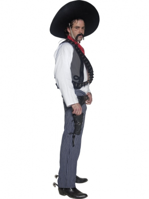 Speel the bad guy tijdens carnaval of een western feestje. Leuk compleet kostuum verkleedset: Mexicaanse Bandiet met: gijze broek, shirt, gillet, sjaaltje. De hoed en accessoires verkopen we los. 