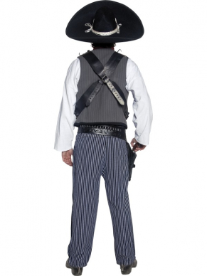 Speel the bad guy tijdens carnaval of een western feestje. Leuk compleet kostuum verkleedset: Mexicaanse Bandiet met: gijze broek, shirt, gillet, sjaaltje. De hoed en accessoires verkopen we los. 