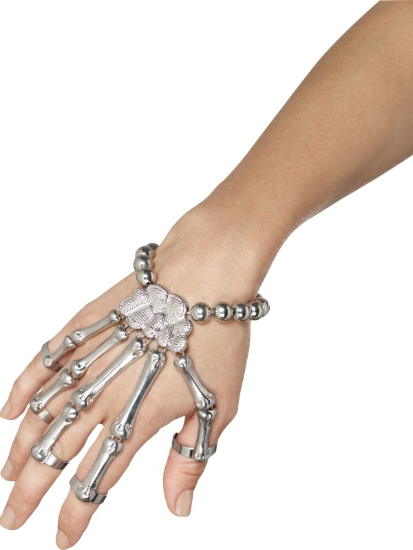 Zilverkleurig Skeleton Hand Armband accessoire voor een halloween horror outfit. Maak uw verkleedkostuum helemaal af met dit geweldige sieraad. 