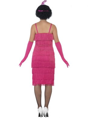 Compleet kostuum voor je 1920's Charlston Flapper feest: Roze halflange flapper jurk met franjes, haarband met glitters en veer en de roze handschoenen. Maak je look compleet met een boa, netpanty en parelketting. Deze jurk is ook verkrijgbaar in andere kleuren. Leuke betaalbare verkleedkleding voor Carnaval, themafeesten, charlston flapper feest. 