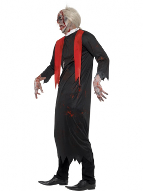 Zombie Hoge Priester Halloween Horror Verkleedkleding, bestaande uit  het zwarte gewaad met bloedvlekken & kraag. Maak uw outfit compleet met horror schmink en bloed. 