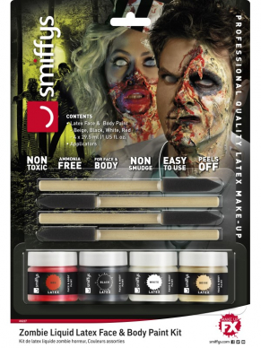 Maak de gruwelijkste horror zombie looks met dit Horror Zombie Vloeibare Latex Make up setje. U krijgt 4 verschillende kleuren met make up, 4 sponsjes en instructies. Maak af met extra nepbloed. 