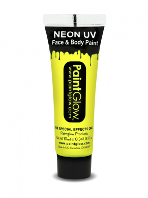 Gele UV Face & Body Paint Neon Make up Tube van 10ml. Maak de mooiste creaties. Leuk voor een neon disco feestje. Verkrijgbaar in diverse kleuren. Neon make up met glitters.