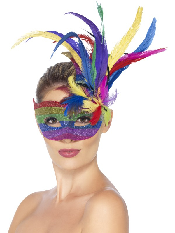 Carnival Regenboog Masker met Veren.