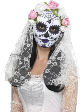 Wat een prachtig masker is dit. Een wit beschilderd Day of the Dead masker met sluier en rozen. Het bijpassende kostuum verkopen wij ook. 