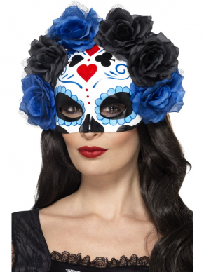 Prachtig oogmasker voor Halloween Carnaval Day of the Dead themafeest: Oogmasker met Day of the Dead beschilderingen en blauwe en zwarte rozen. 