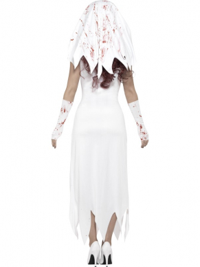 Witte Zombie Bruid Horror Kostuum. Witte jurk met bloedspatten, witte bijpassende horror handschoenen en de sluier. Wij verkopen horror schmink setjes los en ook nepbloed en witte zombie contactlenzen. U bent in 1 keer klaar voor Halloween of een andere horror feest. Ook tijdens carnaval kunt u als zombie bruid. 
