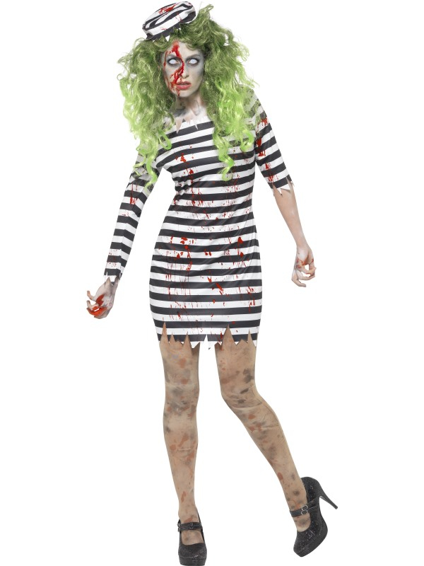 Ontsnapt uit de gevangenis speciaal voor Halloween: Zombie Jail Bird Boef Halloween Kostuum. Zwart/ witte jurk met bloedvlekken en bijpassend hoedje. De panty en horror schmink verkopen we los. 