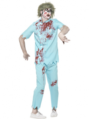 Een grote angst voor heel veel mensen: de tandarts. Met deze zombie horror versier jaag je iedereen de stuipen op het lijf. Inbegrepen is het complete pak (broek en shirt) met bloedvlekken en het mondkapje met latex tanden. Maak je look af met een van onze horror schmink make up setjes en nepbloed. We verkopen de witte zombie lenzen ook los. 