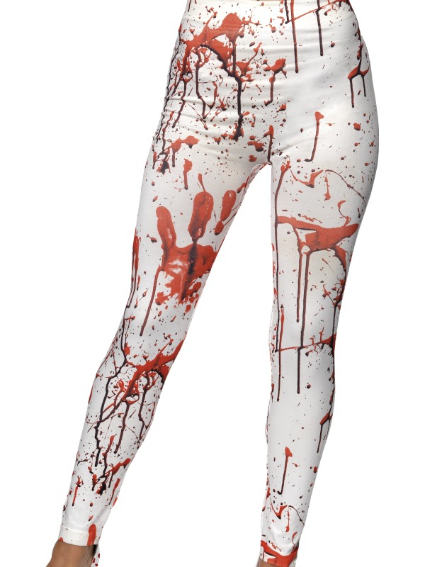 Een witte horror legging om je outfit af te maken. Of draag er een wit oud overhemd op met bloedvlekken en gebruik een van onze zombie make up schmink setjes voor een extra enge look voor Halloween of een ander horror feest.