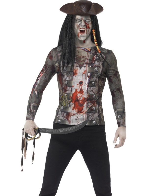 Mooi aansluitend Zombie Piraten Horror T-shirt. Met horror print. Maak af met piraten hoed en pruik en horror zombie schmink en nepbloed.
