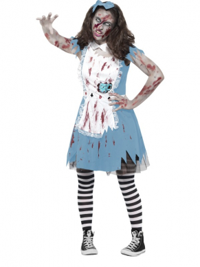 Zin in een Tea party zombie style?? Dan zit je met dit zombie Alice in Wonderland kostuum helemaal goed. Dit tienerkostuum hebben we in twee maten. Inbegrepen is de blauw witte alice jurk met bloedvlekken en theekopje en haarband. Combineer met kousen, horror schmink, contact fun lenzen en nepwonden en nepbloed en je bent klaar voor je Horror Halloween themafeest. 