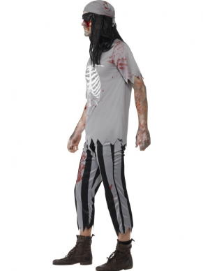 Voor een zacht prijsje toch helemaal in zombie stijl? Dit kostuum is dan echt iets voor u: eenvoudige Zombie Piraten Horror Verkleedkleding. Het is een compleet horror zombie pak met: broek, shirt, bijpassende bandana en ooglapje. Maak of met een van onze horror halloween schmink setjes, nepbloed, nepwonden en contactlenzen voor een extra eng effect. 