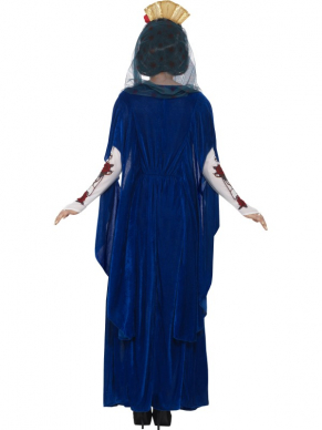 Wat een mooi kostuum voor Halloween of Carnaval. Lange blauwe jurk met 3D geprint hart en mooi bewerkte mouwen. Inclusief haarband met sluier/hoody. Prachtig Day of the Dead Kostuum. Maak af met een mooi masker of een van onze schmink make up setjes. 