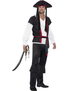Aye Aye Piraten Kapitein Heren Kostuum. Complete piraten outfit met broek, shirt, riem (sjaal) en piraten hoed met haar. De accessoires verkopen we los. Leuk voor Carnaval of een ander themafeest. 