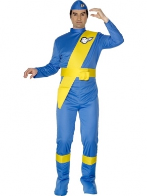 Thunderbirds kostuum Virgil voor volwassenen. Thunderbirds kostuum bestaande uit de jumpsuit, de gele sjerp, schoenhoezen en hoedje. Compleet verkleedkleding. Verkrijgbaar in verschillende maten. Het kostuum valt ruim.