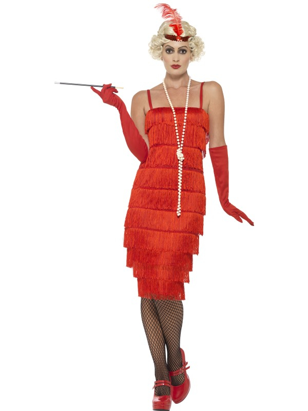 Compleet kostuum voor je 1920's Charlston Flapper feest: Rode halflange flapper jurk met franjes, haarband met glitters en veer en de rode handschoenen. Maak je look compleet met een boa, netpanty en parelketting. Deze jurk is ook verkrijgbaar in andere kleuren. Leuke betaalbare verkleedkleding voor Carnaval, themafeesten, charlston flapper feest.