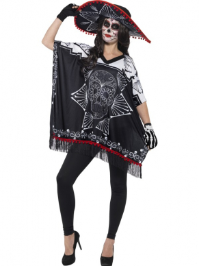 Day of the Dead Bandit Kostuum, hét perfectie outfit voor een Halloween feestje. Dit kostuum bestaat uit de poncho, sombrero en de handschoenen en is te dragen voor zowel heren als dames. Combineer dit op een zwarte broek en je bent klaar om te feesten. Wil je echt uitblinken kies dan voor bijpassende schmink of een masker.