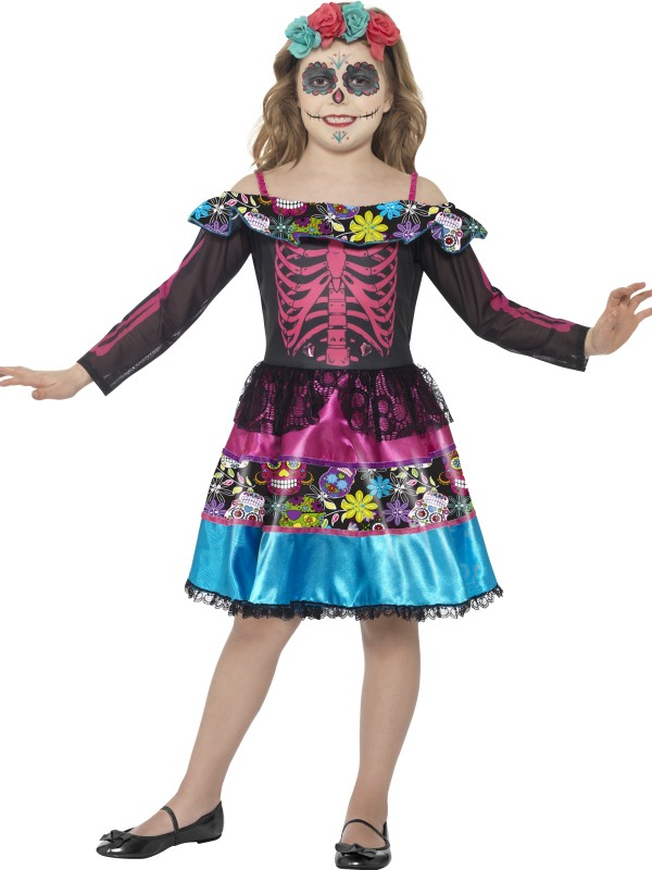 Een mooi Day of the Dead kostuum voor bv carnaval of halloween, bestaande uit een vrolijk gekleurde jurk en een hoofdband.
Verkrijgbaar in verschillende maten.