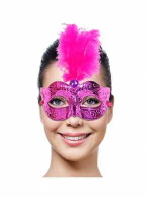 Een mooi roze venice oogmasker met roze pluim.