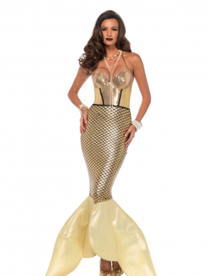 Een mooie golden mermaid kostuum bestaande uit een prachtige bustierhalter jurk met pailetten en een glanende rok met schubben effect en een vin staart van foam.