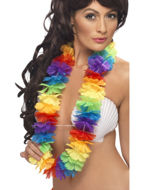 Vrolijke Hawaii krans in de kleuren van de regenboog met grote bloemen.Leuk voor een zomers feestje.