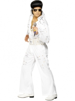 Wit Deluxe Elvis Heren Kostuum. Bij het kostuum is de witte jumpsuit met steentjes en de witte riem met steentjes inbegrepen.