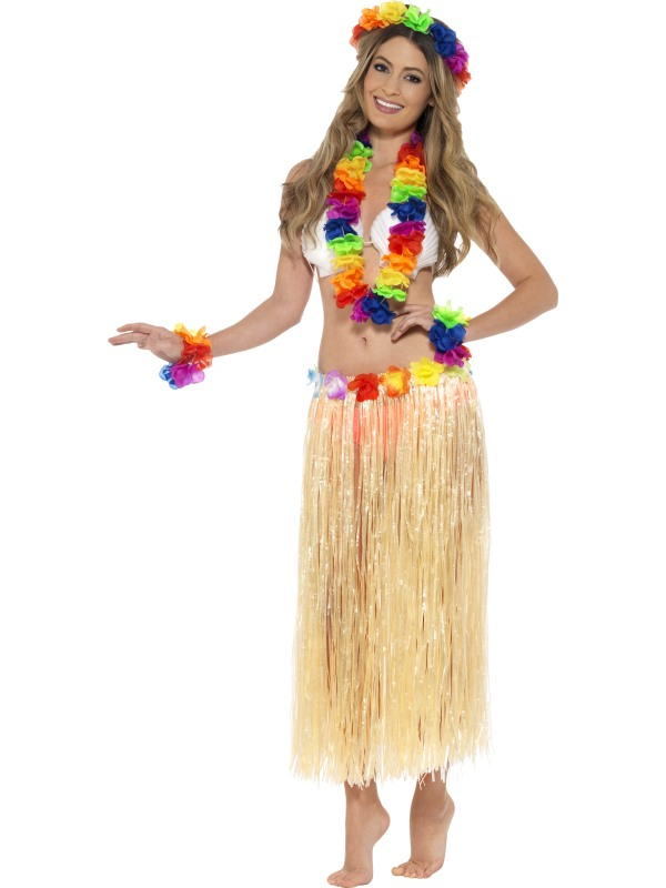 Een te gekke Hawaiiset bestaande uit een multigekleurde bloemenkrans, polsband en haarband voor de ultime Hawaiilook.